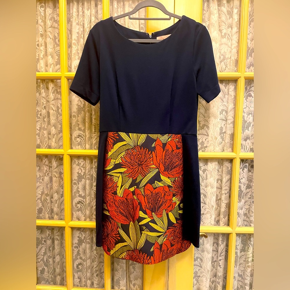 Hutch from Anthropologie dress. Navy with brocade patterned skirt.